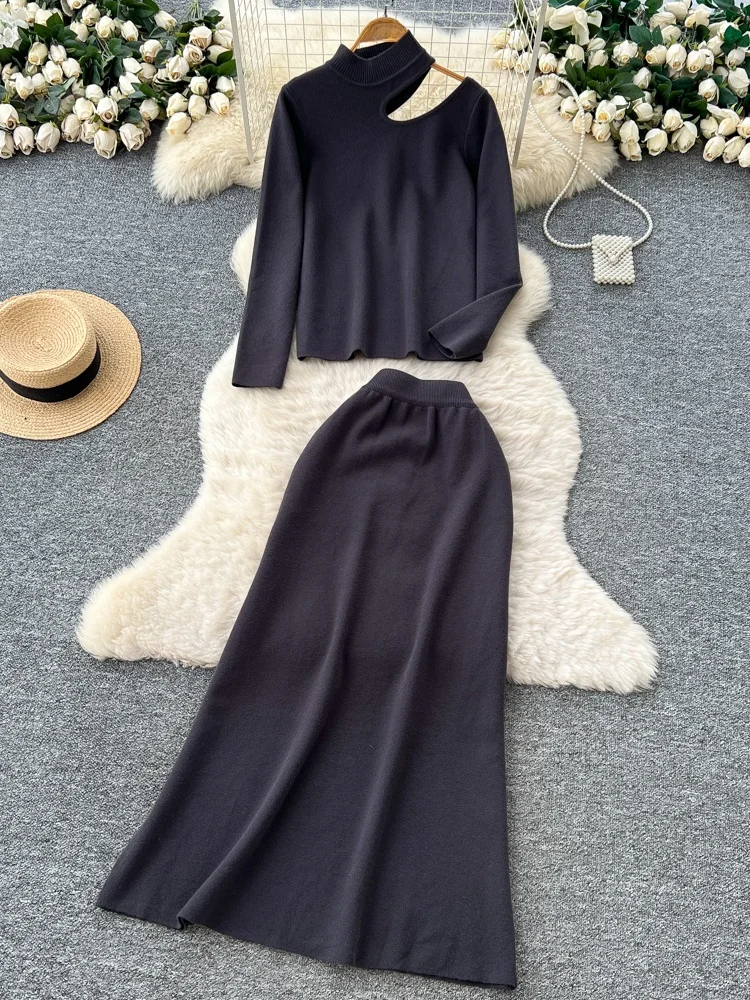 سترة نسائية محبوكة طويلة من Laid-ba Sle وتنورة تنحيف عالية الخصر طقم ملابس خريفية #2