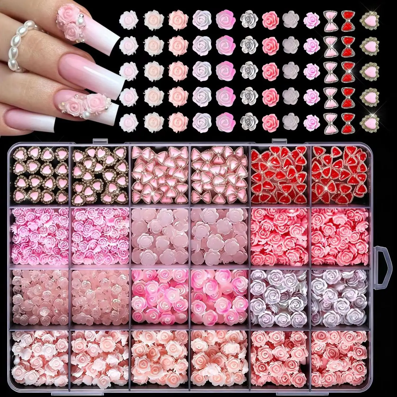1Box 3D Pink Rose Nail Charms Mixed Resin Flower & Heart Bow Nail Art Decorations Floral & Rhinestone Charms for DIY Manicure *#