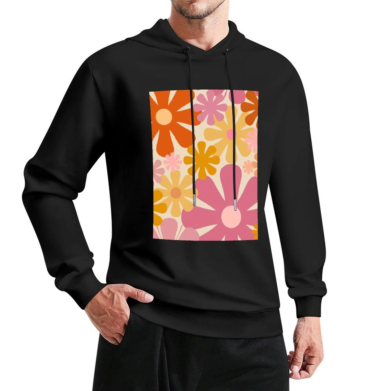 

Retro 60s 70s Flowers - Vintage Style Floral Pattern in Thulian Pink, Orange, Mustard, and Cream Pullover Hoodie