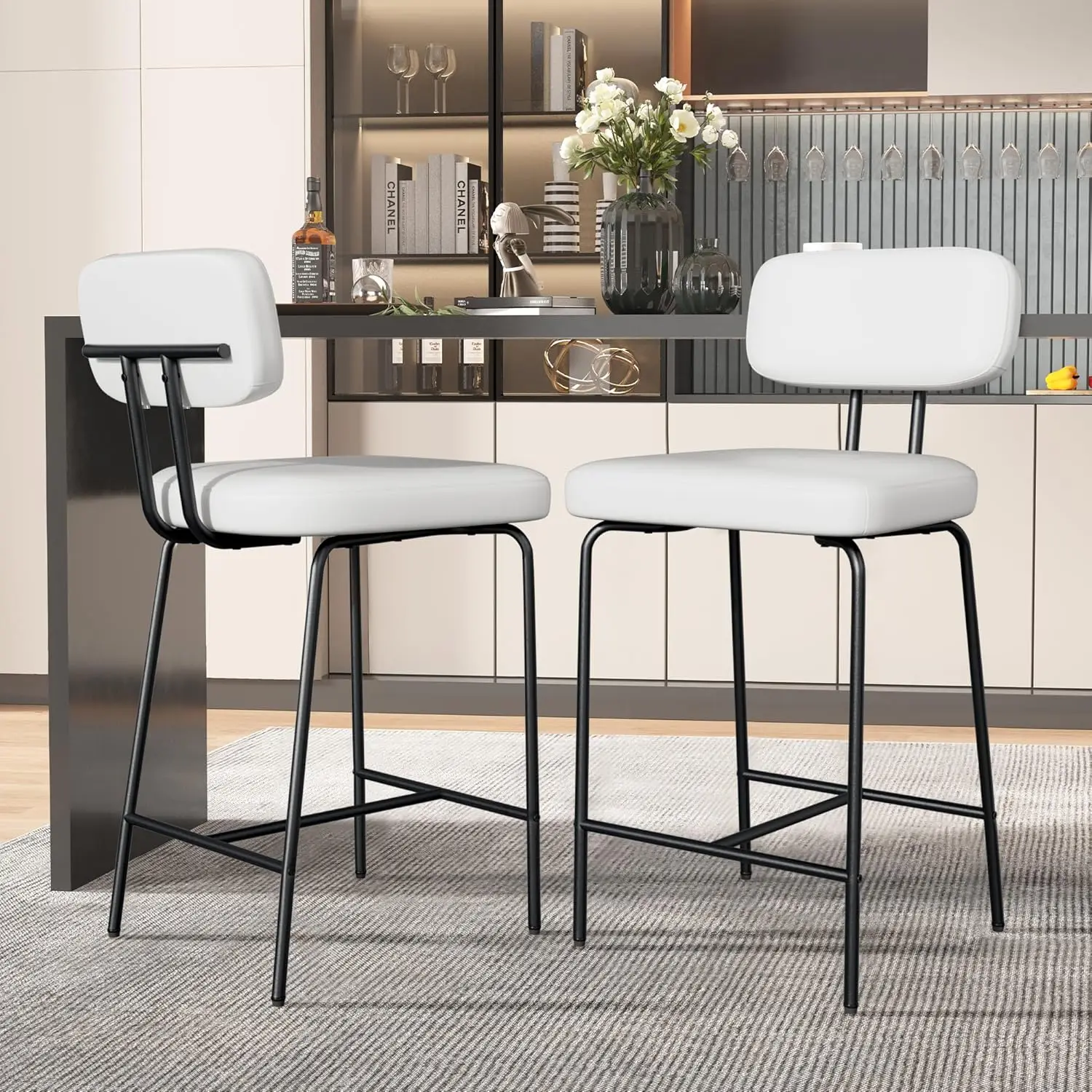 

Counter Height Bar Stools Set of 2, 26" Faux Leather Kitchen Counter Stools with Backs, Metal Legs, Footrest, Bar Chairs