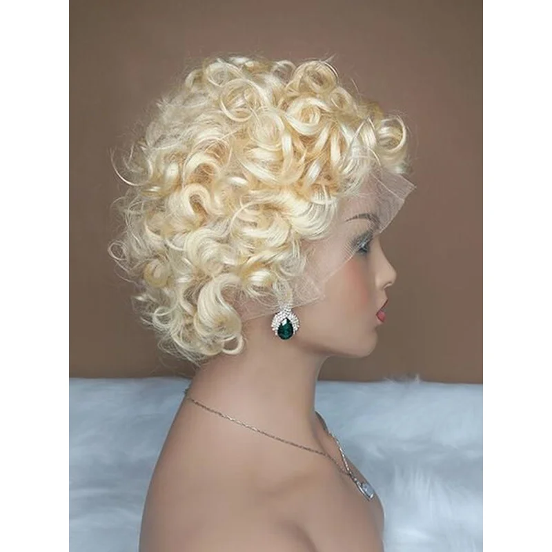 Lace Front Wigs Short Curly Light Blonde  Hair Wig Glueless Pixie Cut Wigs