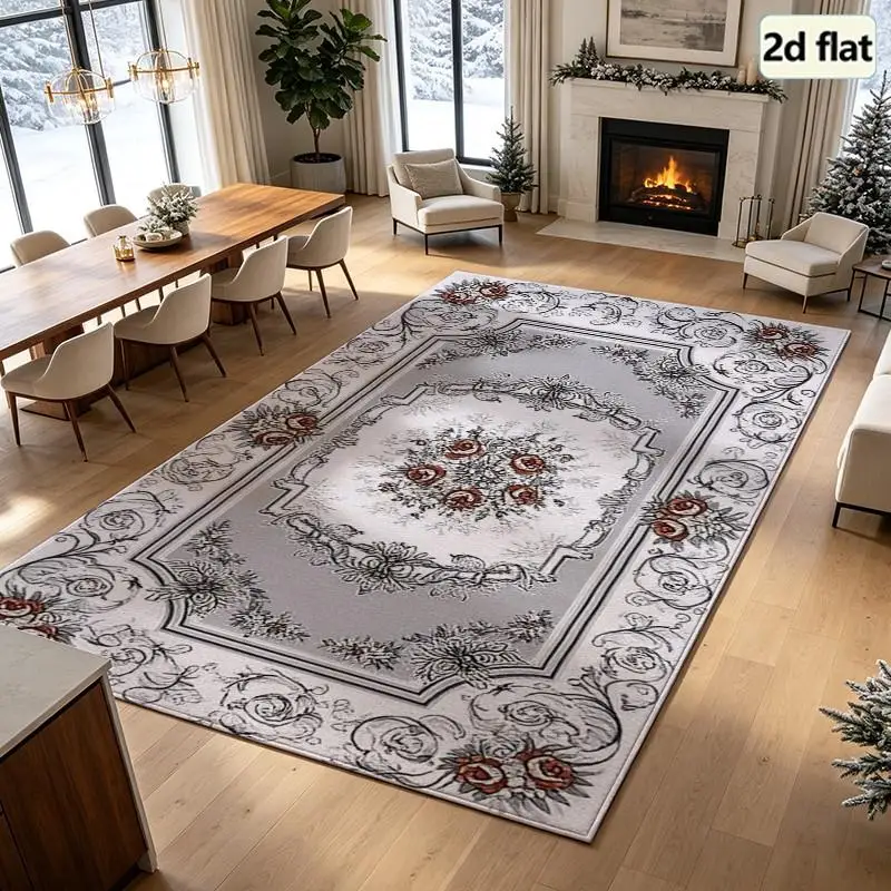 1PC Floral Rose Pattern Gray White Area Rug Rugs Living Cute Bedroom Rug Farmhouse Living Room Decor Tumble Washable Rugs Vintage Home Dining Room Bathroom Bedroom