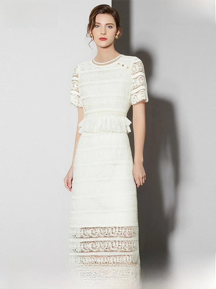 Cyanine Sea Blue Lace Hollow out f Skirt Set Women's Faionable Summer Outfit Two-Piece Suit Polyester ort Sve round...