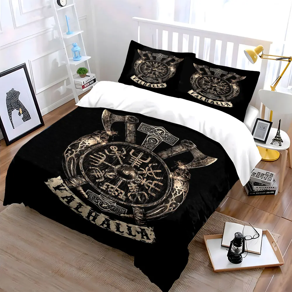 Viking shield with crossed axes design Print Bedding Set 1 Duvet Cover 2 Pillowcases for Adult and Children Luxury Gift