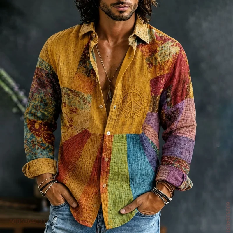 Men's long sleeved shirt with sun, moon, stars printed shirt, versatile and fashionable top for daily commuting and gatherings