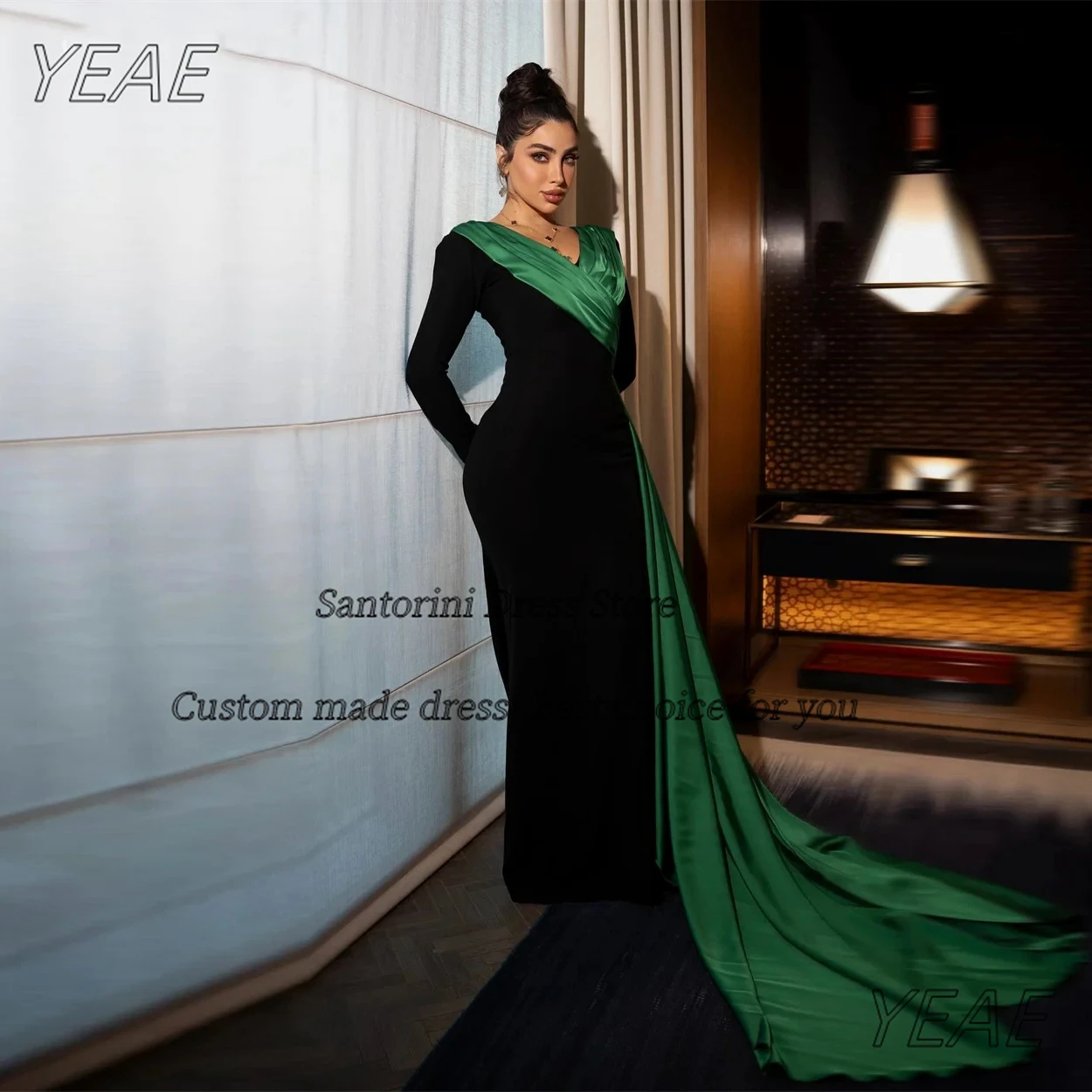 

Санторини с V-образным вырезом, черные вечерние платья-футляры, индивидуальное зеленое платье с цветочным принтом на плечах, платье для выпускного вечера с длинными рукавами, вечерние платья невесты в Саудовской Аравии