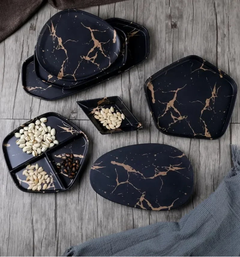 

Nordic Restaurant Pizza Snack Plate Square Melamine Service Plate Creative Marble Gold Pattern Western Dish with Grid Steak Plat