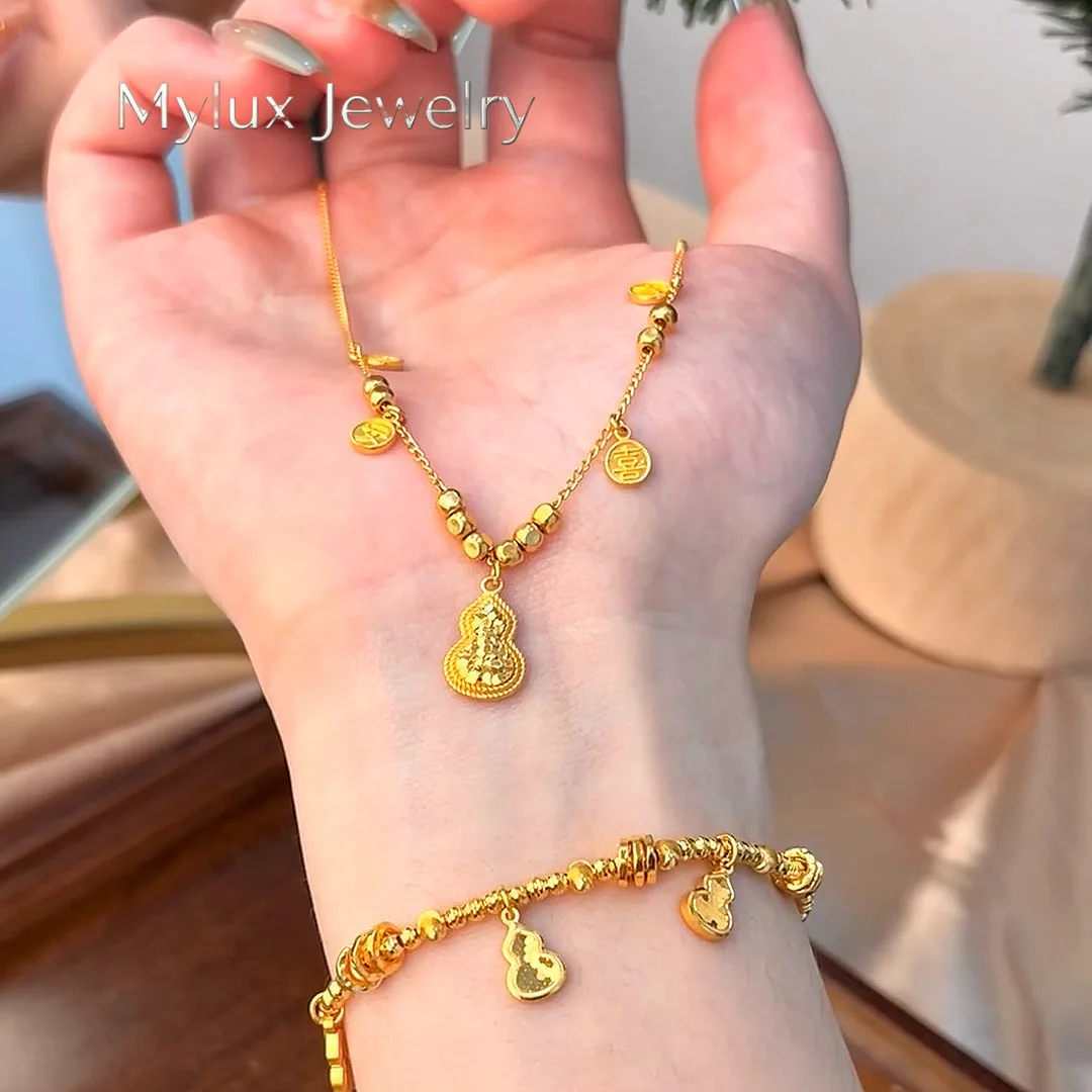 Mylux Jewelry 9999 24K real gold Xiaohongshu Ping An Xile Broken Ice Hulu Necklace High-end Fashion and Exquisite Collarbone Cha