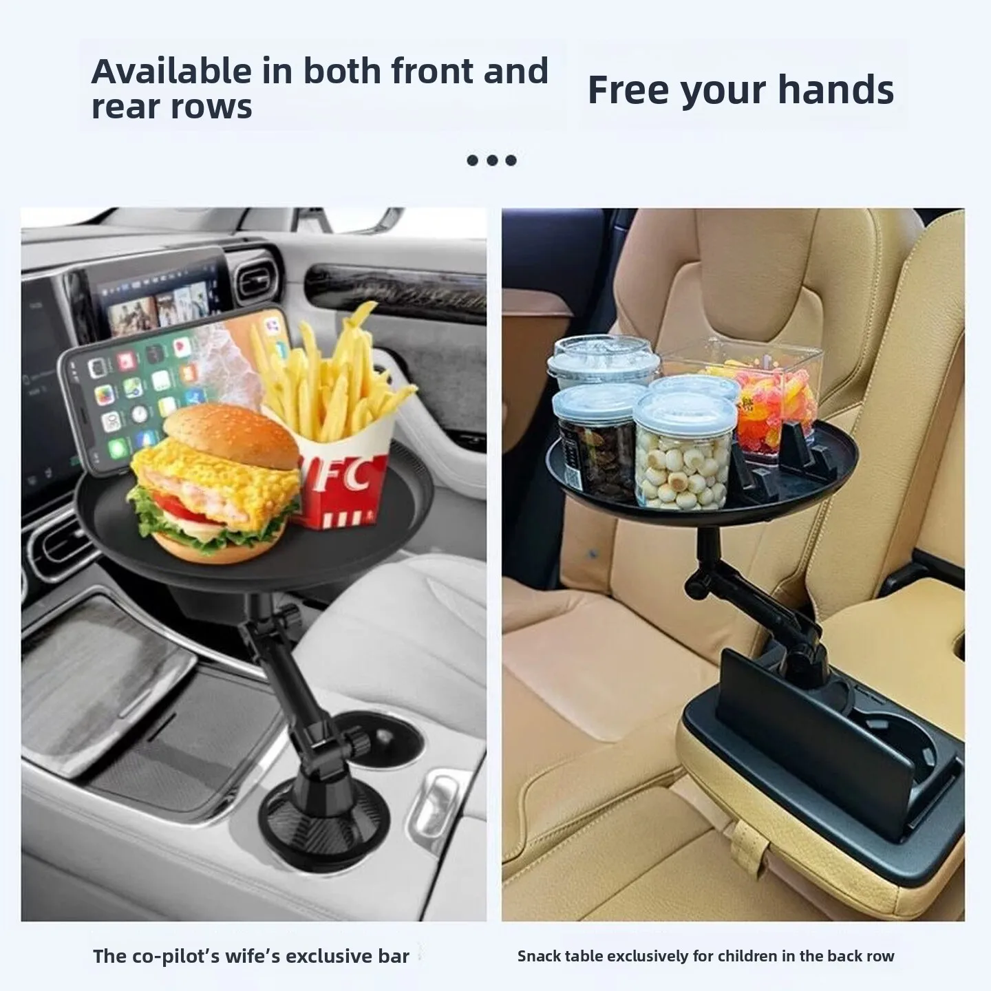 Car Console Floating Tray with Phone and Cup Holders Sturdy Vehicle Dining Table for Snacks or Relaxed Breaks While Parked