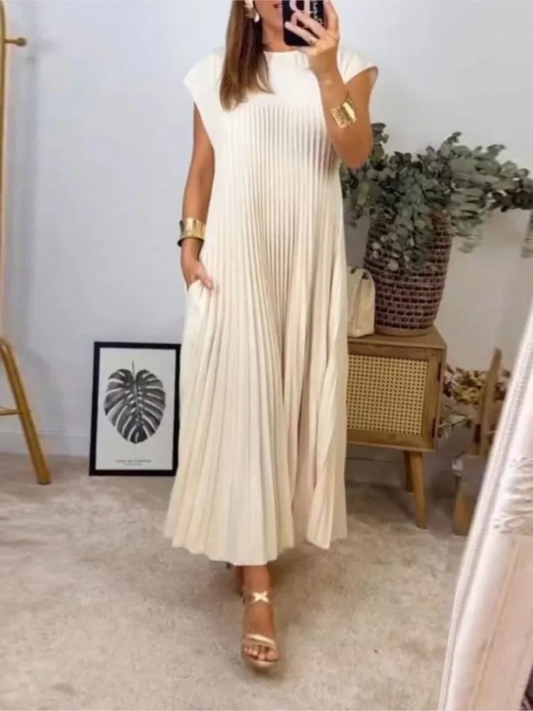 

Elegant Solid Color Pleated Dresses Women Fashion Temperament O Neck Folds Sleeveless Loose Long Dress Spring Summer New Vestido