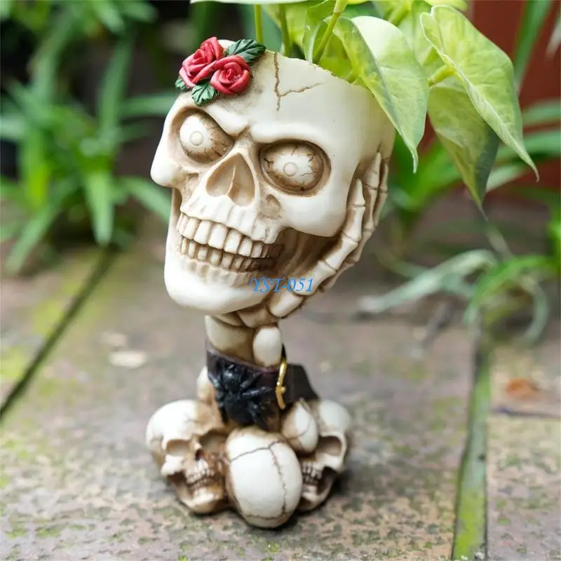 E15A Small Skull Flower Pot for Entryway Display, Resin Holder with Rose Detail and Bone-Tone Finish for Shelf Table Use