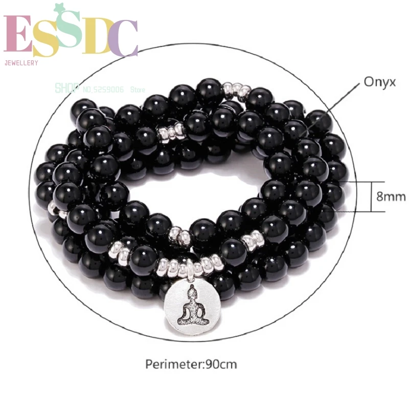 Hand Made 100% 8mm Natural Black Onyx Energy Stone 108 Mala Beads Necklace or OHM Charm Male or Female Yoga Bracelet