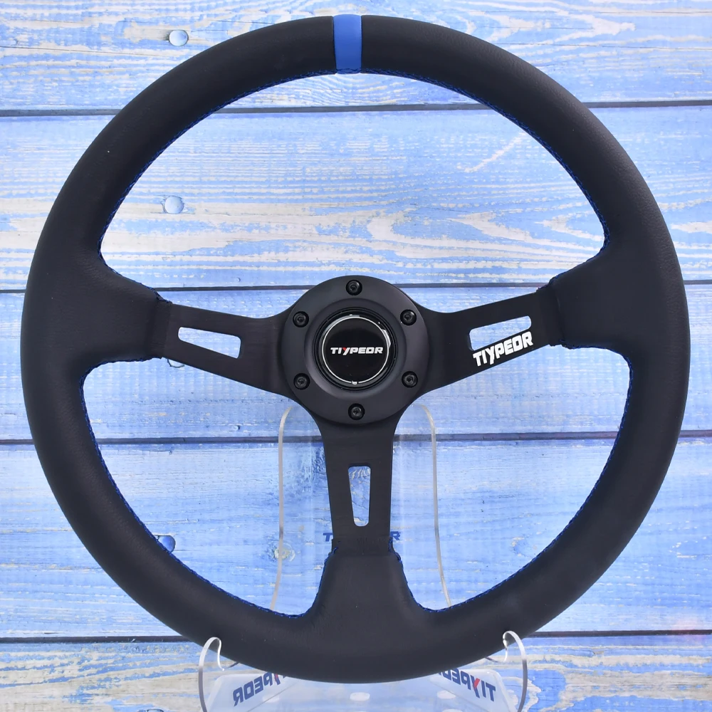JDM 338mm Car Modified Steering Wheel Genuine Leather Blue Stitching Sport Racing Steering Wheel Replacement For Most Vehicles