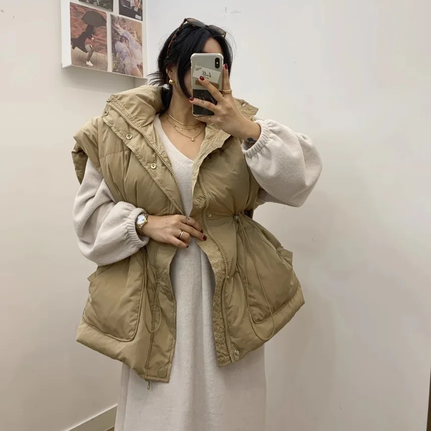 

Женский хлопковый жилет с капюшоном Thiened, зимний теплый жилет с завязками на талии, облегающий жилет с воротником-стойкой и подкладкой на плечах