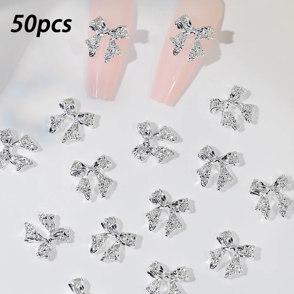 50Pcs Gold/Silver Metal Alloy Ribbion Bowknot Nail Charms 10x11mm Alloy Bowknot Nail Art 3D Luxury Metal Bow Manicure Parts