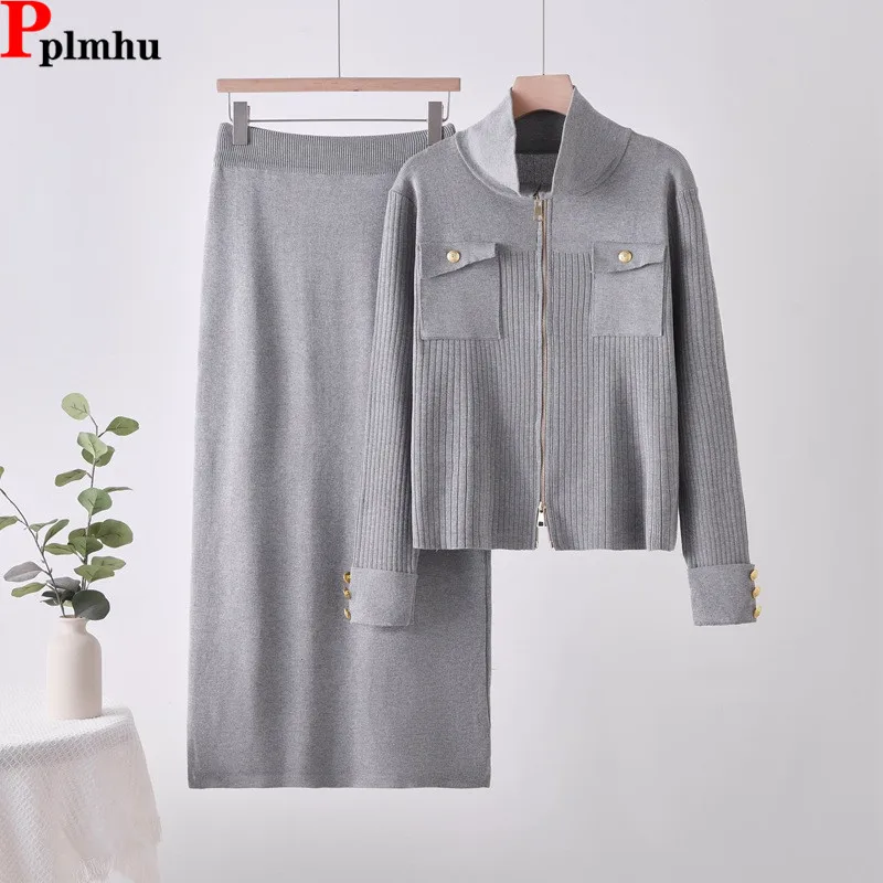 

Элегантный новый вязаный комплект из 2 предметов, женский свитер на молнии с лацканами, кардиган, топы, Conjuntos, юбки с эластичной резинкой на талии, новый наряд