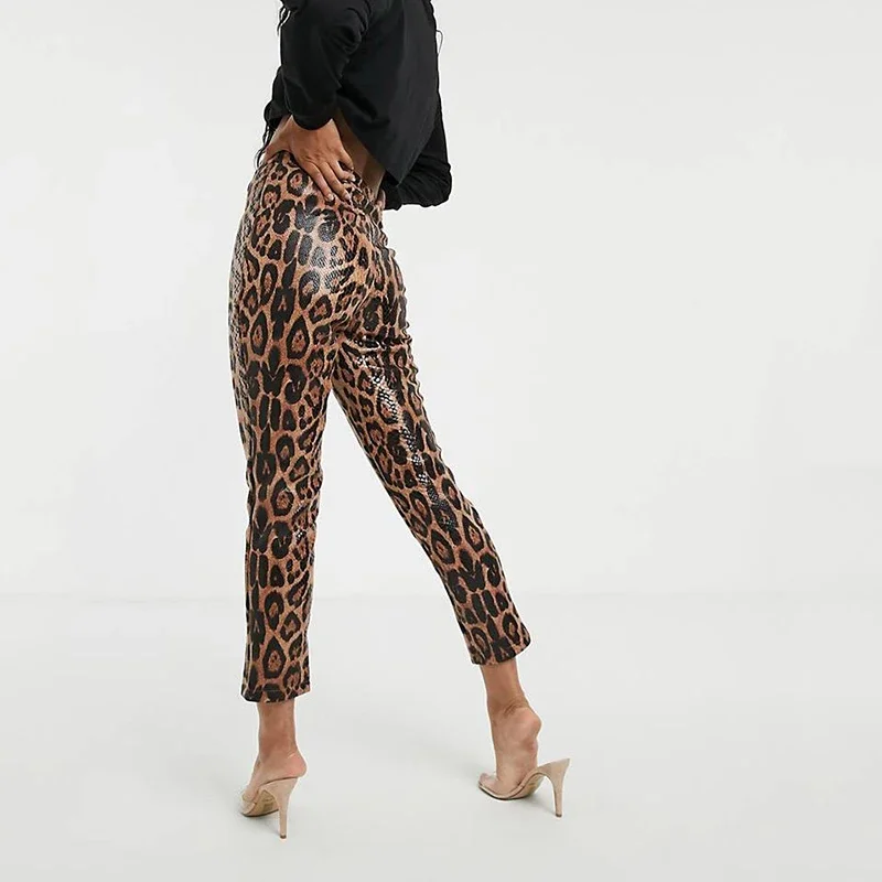 Kobiety Faux wzór w cętki spodnie Sexy wysokiej zwężone PU skórzane legginsy damskie Vintage rozciągliwe rajstopy spodnie jesień nowe niestandardowe