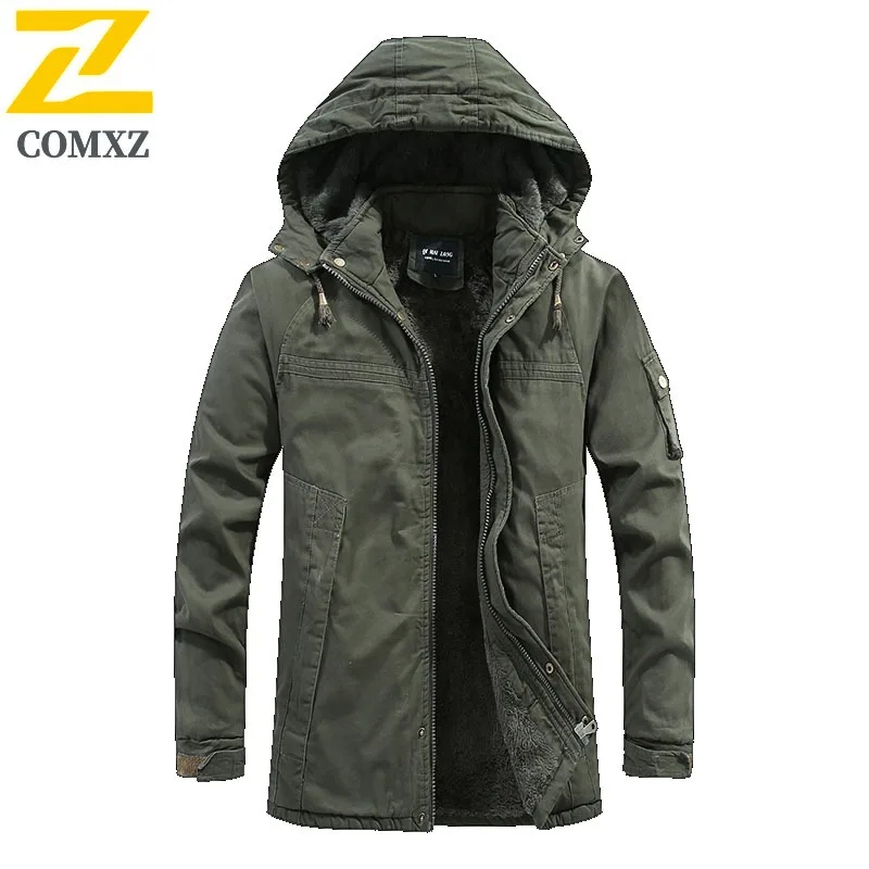 

Men Outdoor Hooded Jacket Thickened Long Coat Winter Korean Style Thermal Heavyweight Cotton Padded Overcoat Windproof Workwear