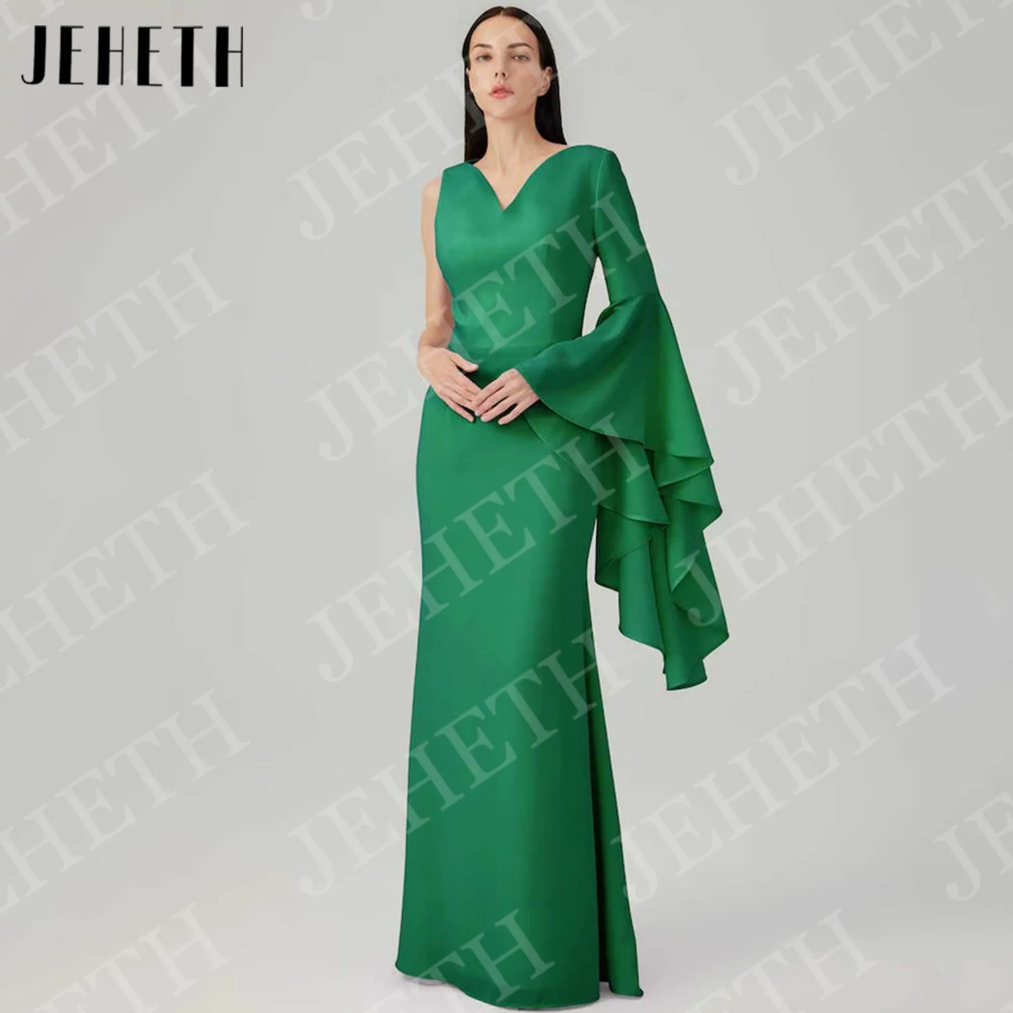 

JEHETH Mermaid Evening Dresses V Neck Formal Party One Shoulder Satin Green Wedding Guest Dress Customized vestidos de fiesta