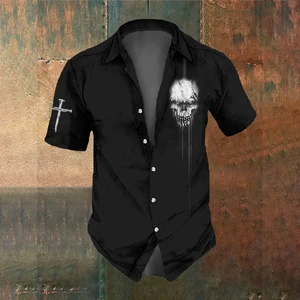 Herrenhemd mit Skull Horror Print, Kurzarm, Kreuzstandard, Extragrade Top, Straßentrend, religiöser Glaube, Sommer, Größe S-5xl 8 Hauptverkäufe Crene Clothing - №4