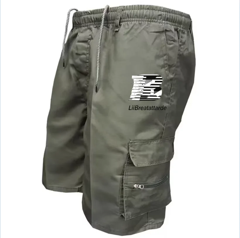 Men's Cargo Shorts Stripe Letter B Print Elastic Waist Drawstring Multi Zipper Pocket Casual Summer Streetwear Short Pants
