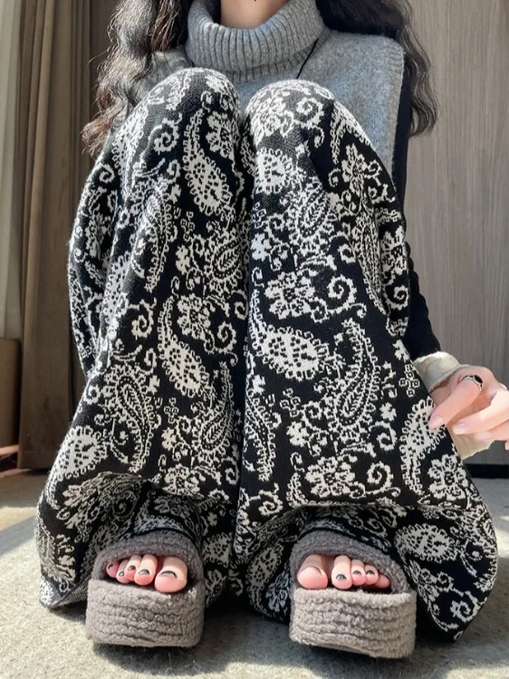 

Женские вязаные брюки с высокой талией и широкими штанинами, осенне-зимняя новинка, повседневные прямые брюки в пол с цветочным принтом