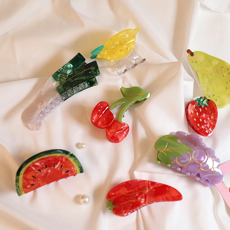 Fruit Hair Clip Acetate Hair Claw Clip For Woman Girls Fresh Geometric Fruit Cherry Grape Limon Hami Melon Grab Clip