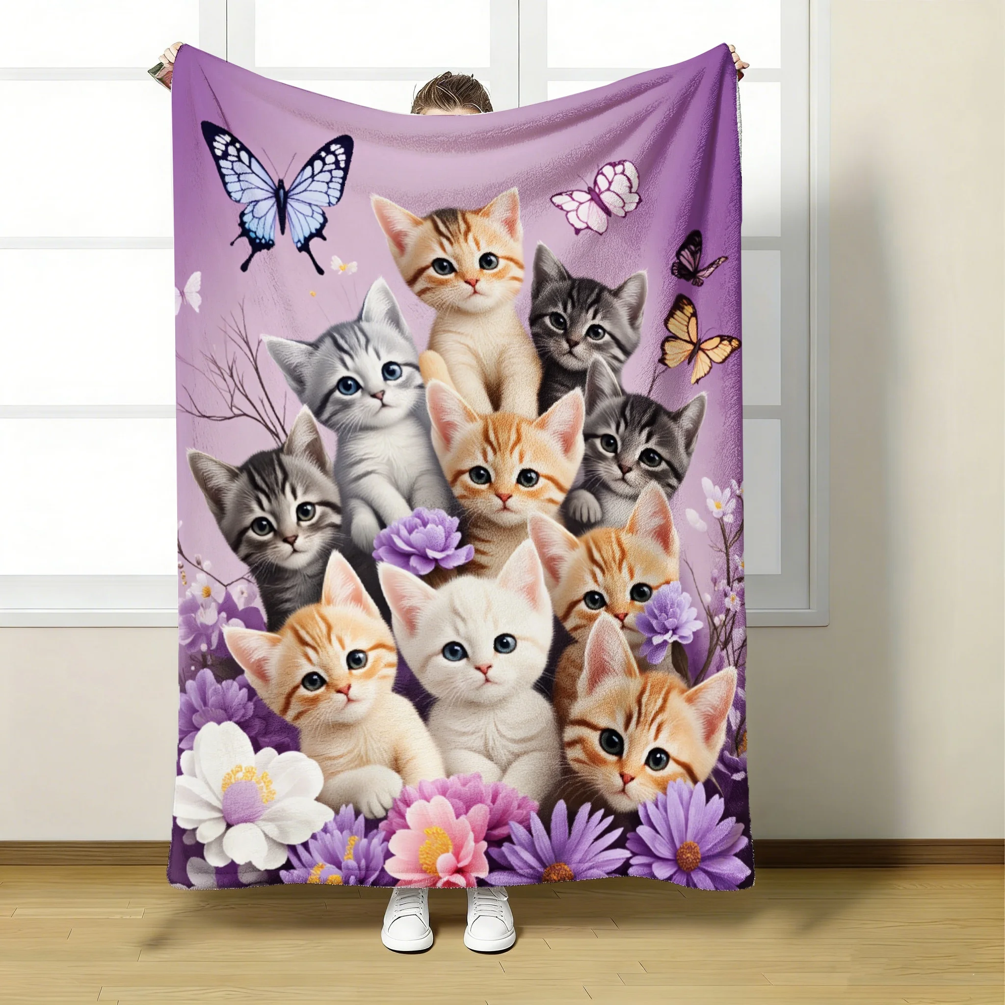 1 Stück Decke mit Katzen-, Schmetterlings- und Blumenmuster, weiche, leichte Ganzjahresdecke für Couch, Bett, Büro und Reisen, ideal für unterwegs, 280 g/m²