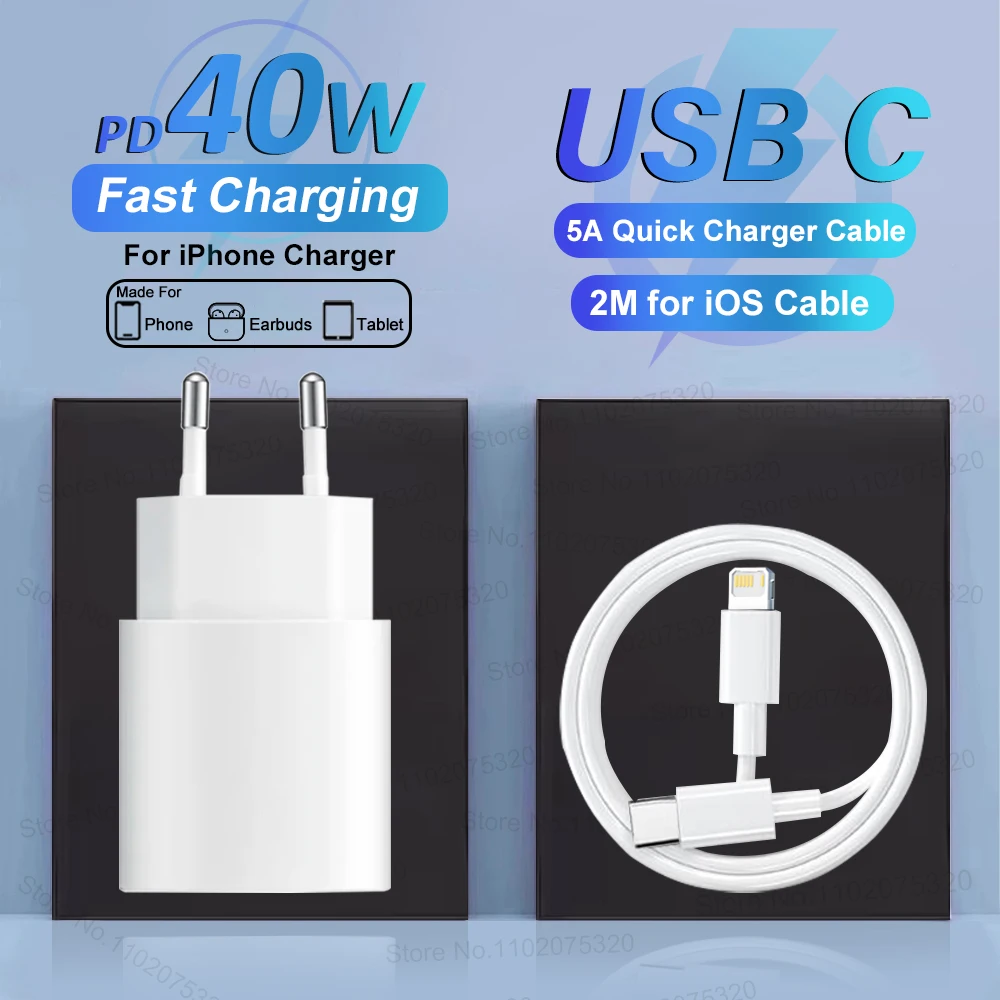 

Зарядное устройство для телефона Apple 40 Вт USB C для iPhone 16 15 14 13 12 11 17 Pro Max XS XR 8 Plus Кабель для зарядки типа C Зарядное устройство для быстрой зарядки