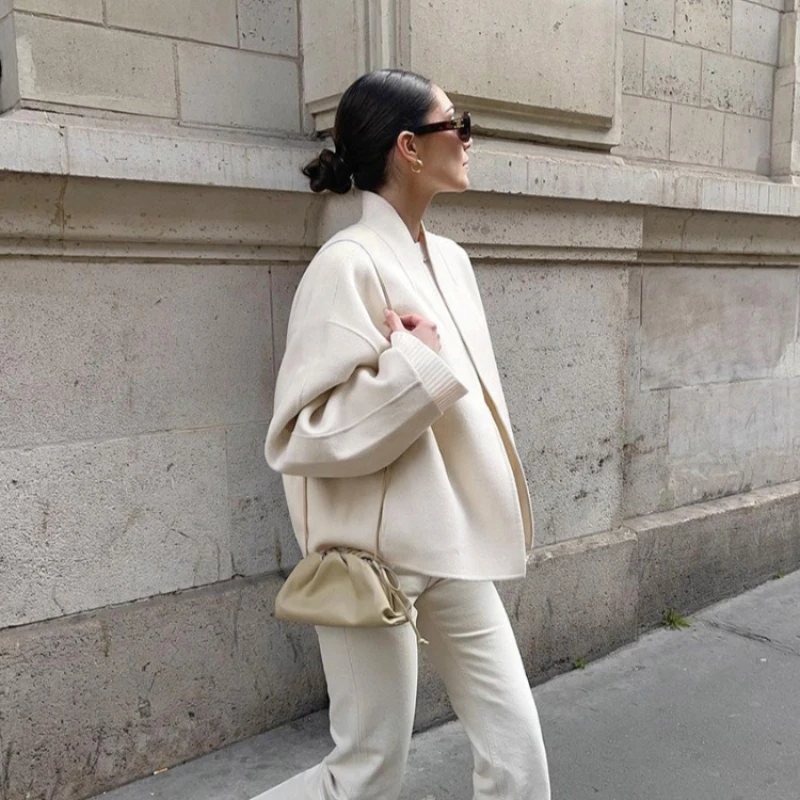 Tsiisd Women Stand Collar Cropped Jacket Blends Loose Fit Thick Warm Soft Casual Commute Outwear Fashion Cozy Women's Wool Coat
