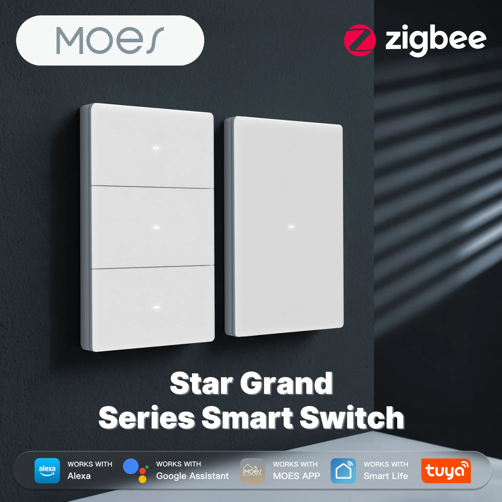 MOES Zigbee Wall Switch Single Live/Neutral Wire Optional, 2200W High Load, App Voice Control Light Switch