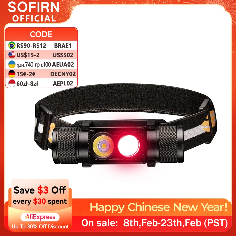 Linterna frontal recargable H25LR LED 90 de alto CRI, potente linterna frontal ligera con luz blanca brillante, antorcha roja profunda de 660nm