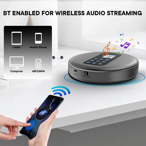 Imagen 2 del producto Reproductor de CD portátil, reproductor de CD portátil, Cable estéreo recargable de 3,5mm, altavoces dobles, Bluetooth, CD, CD-R, reproductor de discos de música MP3