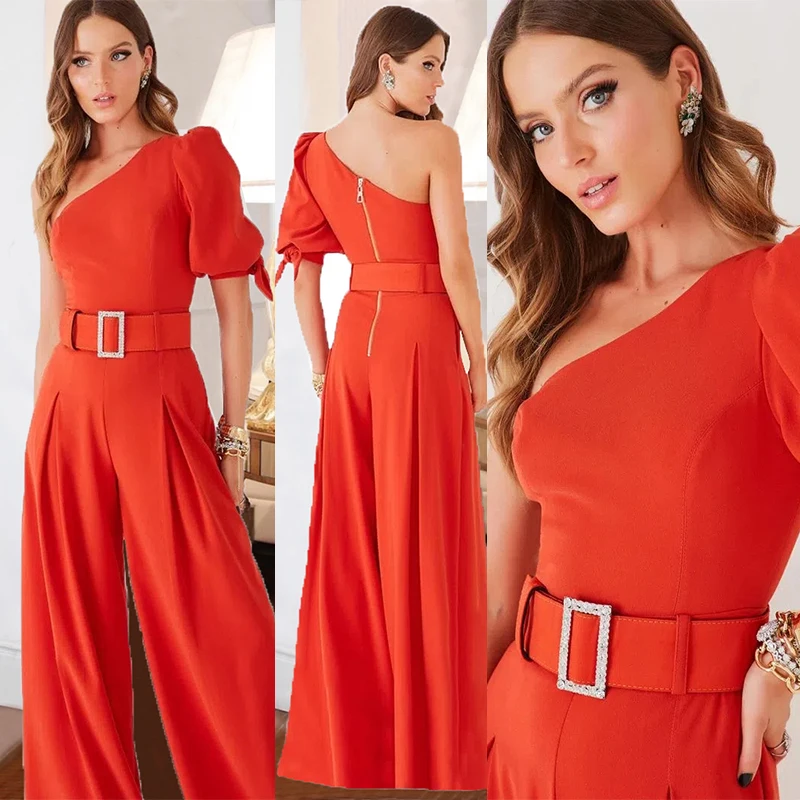 

Elegant Wide Leg Jumpsuit for Women One Shoulder Sleeveless Pocket Design Tied Detail Work Office Lady Summer Fashion Jumpsuit