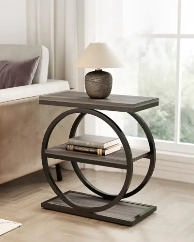 LITTLE TREE End Table, 3-Tier Side Table, Slim Sofa Side Table for Living Room, Tall Bedside Table Nightstand for Bedroom, Grey