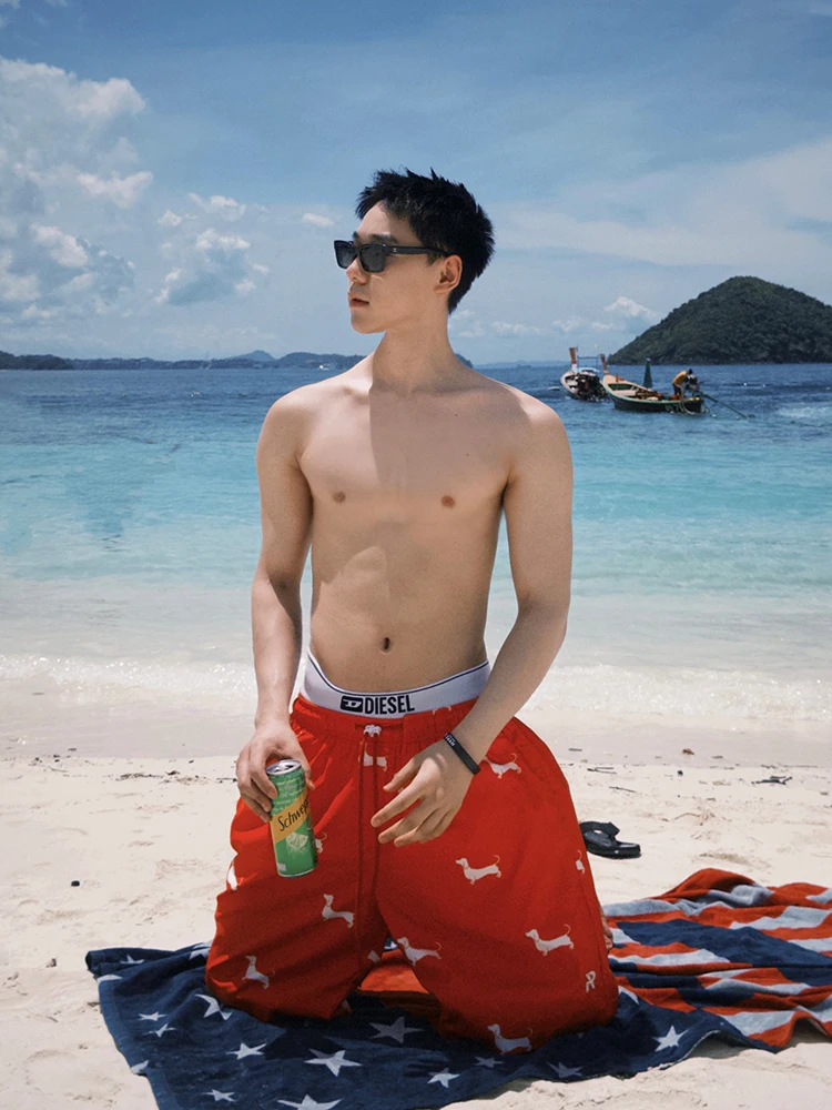 

RE Casual Elastic Waist Printed Summer orts Sausage Dog Pattern Beach Sports Loose Fit Straight Leg Youth Active Sle