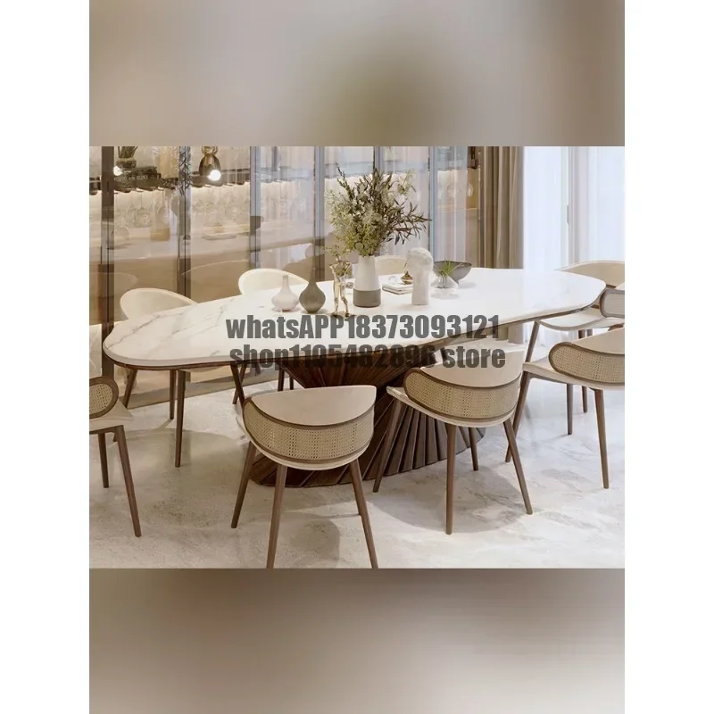 Natural marble, minimalist Italian style, high-end large flat layer medium and antique solid wood long dining table
