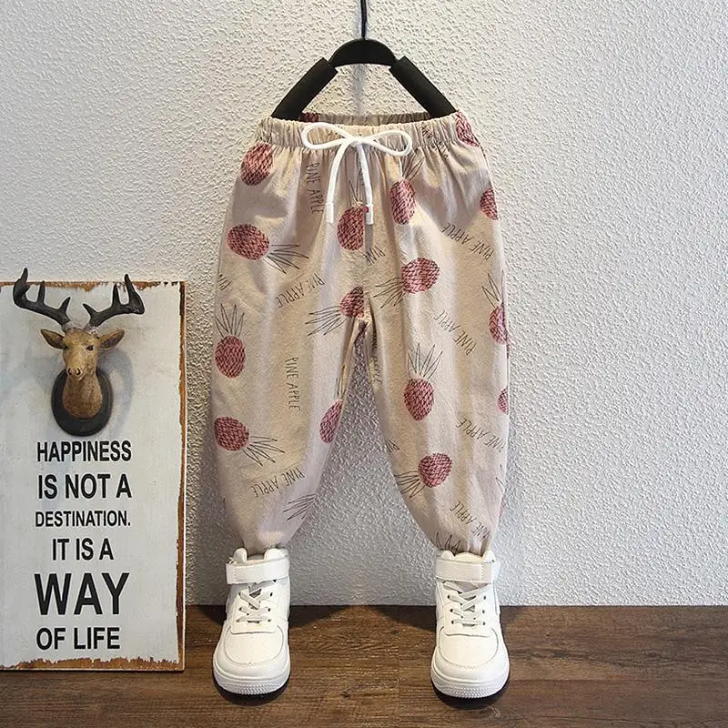 

2023 Summer New Boys Clothing Cotton Flax Fashion Trend Printed Kids Loose Korean Version Casual Elastic Waist Lantern Pants