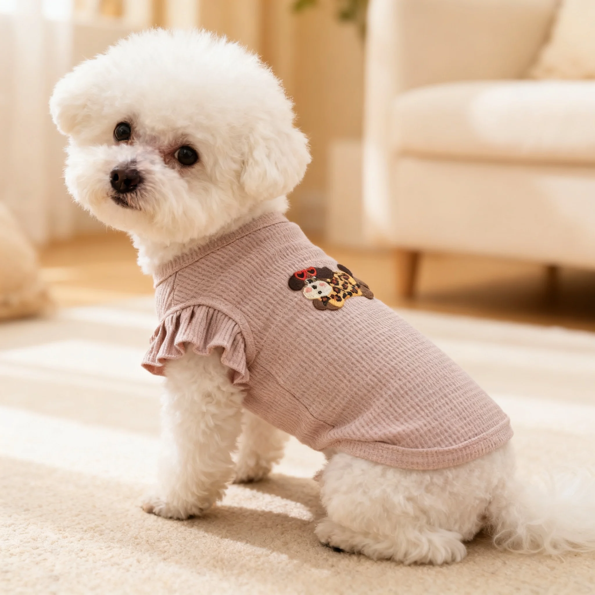 Geripptes Rüschen-Tanktop für kleine Hunde, Leopardenmuster-Welpen-Shirt mit Schleifenstickerei, ärmellos, weich und atmungsaktiv ﻿ – Detail 5