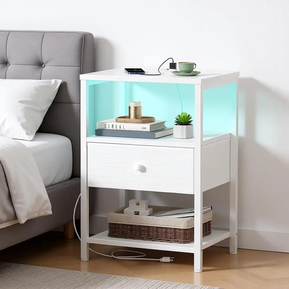 

Nightstand with Charging Station, LED Night Stand with Fabric Drawers and Shelf, Bed Table with USB Ports and Outlets, Bedroom N