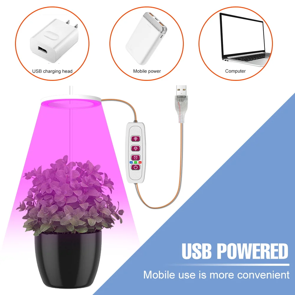 LED Grow Light Full Spectrum Indoor Plant Lamp Potted Fruit Vegetables Plants Fill Lighting Dimmable With 24 Hour Timing USB DC5