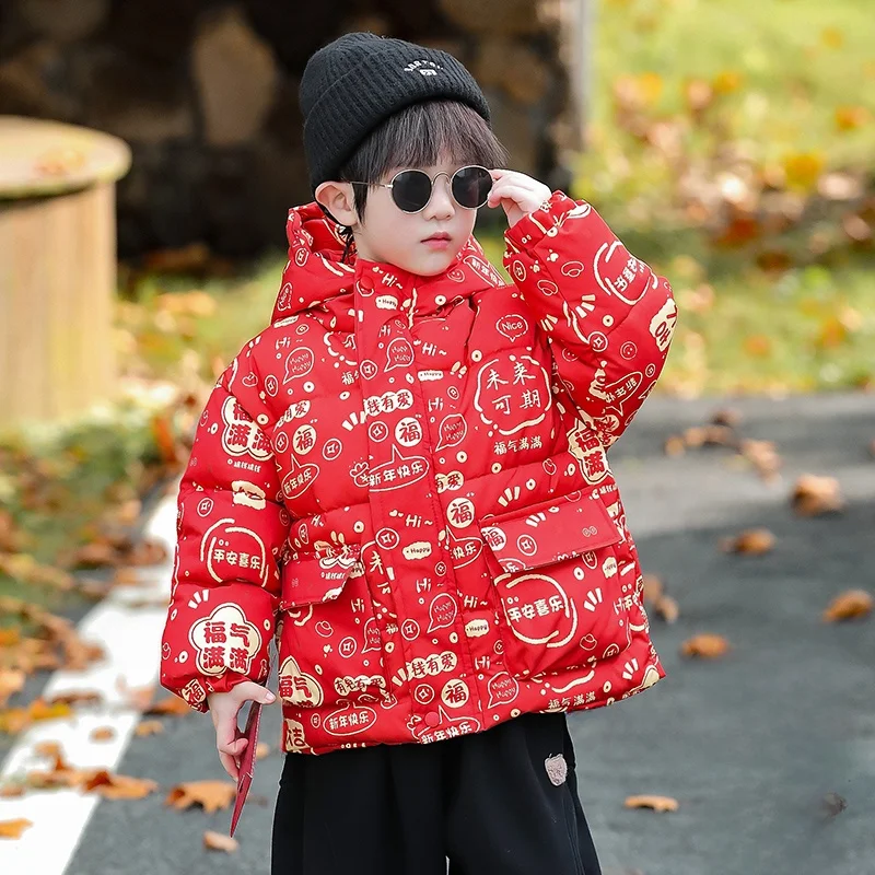 

Утепленная хлопковая куртка для мальчиков: праздничная красная, теплая, молодежная, модная, с длинными рукавами, на молнии, для повседневной носки