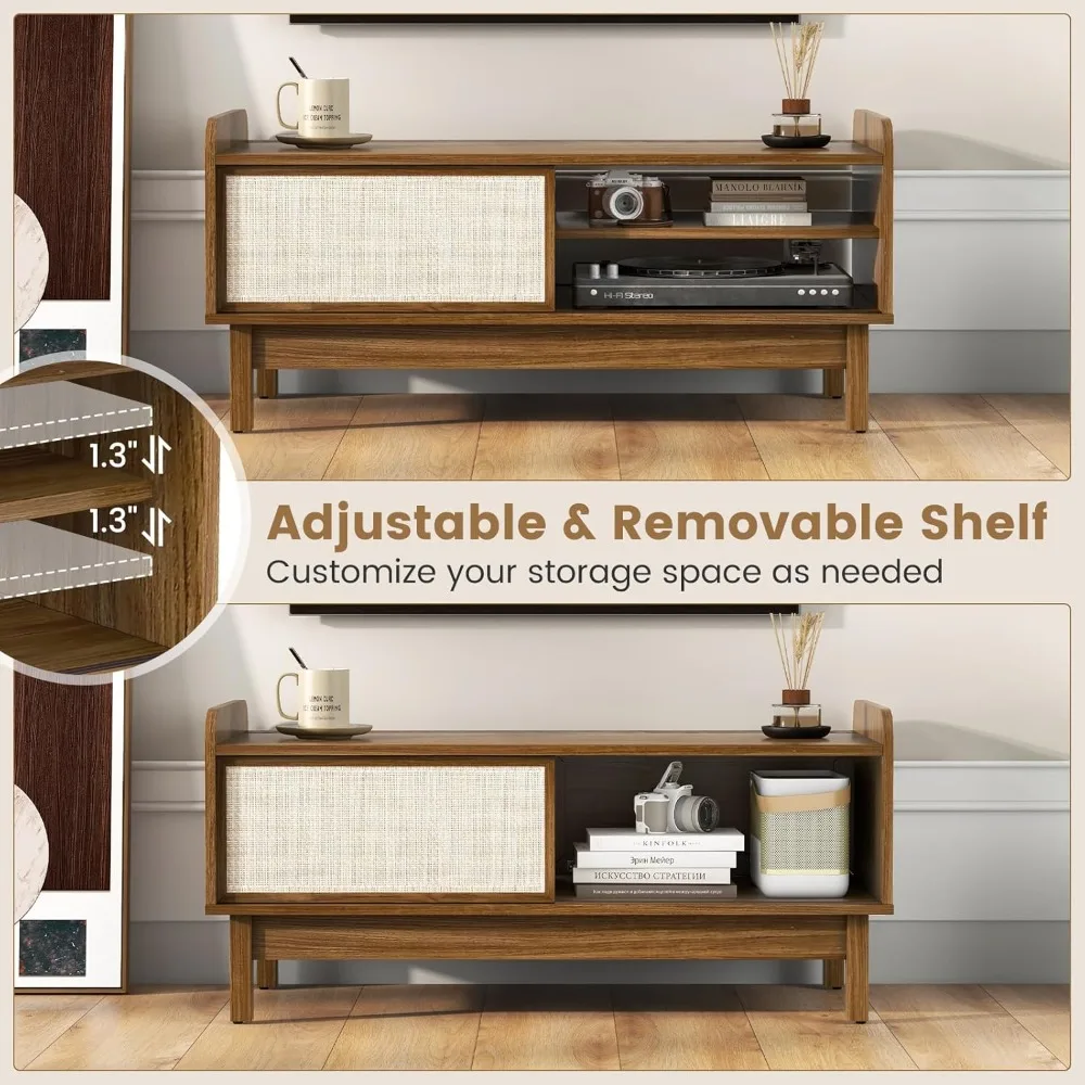 Mid Century Coffee Table with Storage, Rattan Modern Tea Table with Sliding Doors, Adjustable & Removable Shelf