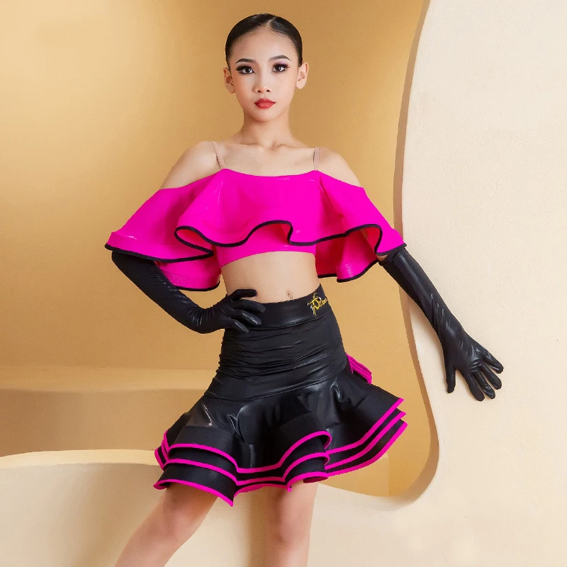 2024 New Girls Latin Dance Costumes Ruffled Top Leather Skirt Kids Samba Chacha Latin Dance Professional Clothing SL11039