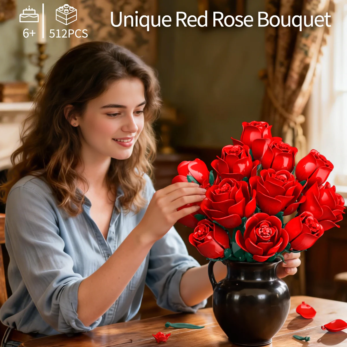 

Набор из 12 красных роз: конструктор-букет, модель для сборки, игрушки-головоломки, наборы кирпичиков, украшение, подарки на День святого Валентина