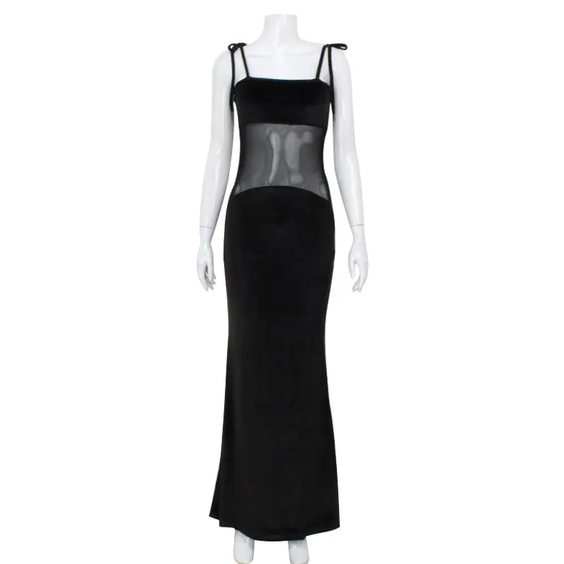 Ahagaga Mode Hemdje Sexy Maxi Jurken Mesh Patchwork Effen Backless Elegant See Through Slim Schede Vestidos Gewaden Vrouwelijk