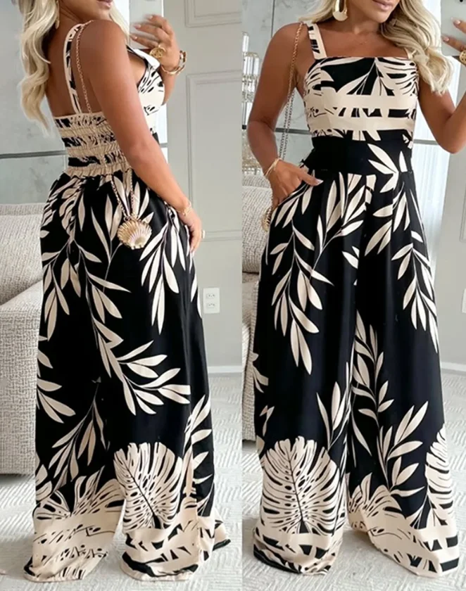 

Women's Jumpsuit 2025 Spring Summer Tropical Print Square Neck Spaghetti Strap Backless Jumpsuit Casual Shirred Wide Leg Romper