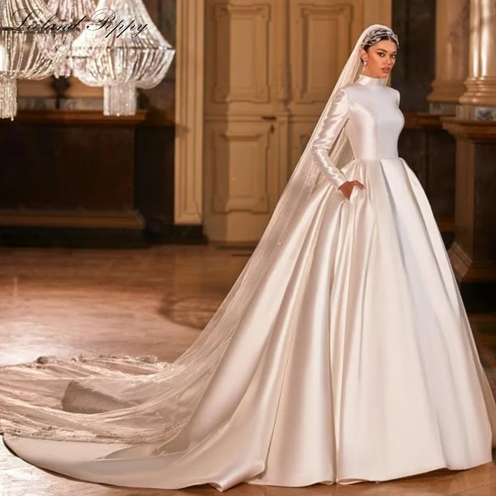 Lceland Poppy Customized A Line High Neck Satin Wedding Dresses Full Sleeves Sheer Back Bridal Gowns with Chapel Train