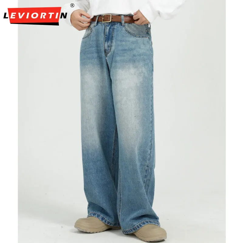 LEVIORTIN High Street Men's Denim Pants Washed Worn-out Casual Bottom Straight Loose Wide Leg Male Jeans New Trendy Streetwear