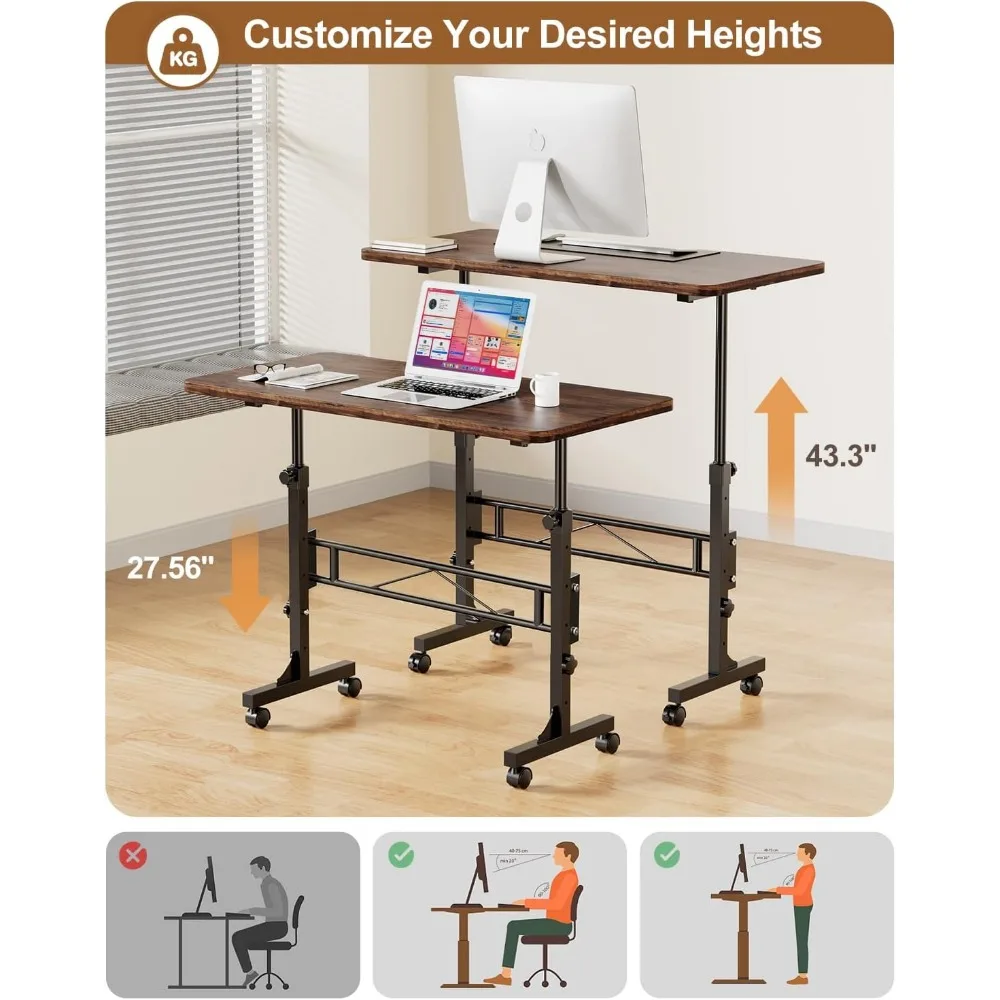 Altura ajustável Standing Desk, Mobile Stand Up Desk com rodas, mesa de rolamento portátil, pequeno, 32"